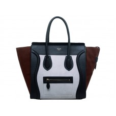 Celine Luggage Tote Medium din piele de vițel negru/întoarsă alb/maro