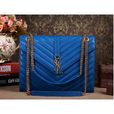 Geantă Yves Saint Laurent Classic Large Monogram din piele matlasată texturată Grain de Poudre albastru regal
