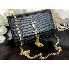 Geantă Saint Laurent Kate Medium cu ciucuri din piele de crocodil strălucitoare, neagră