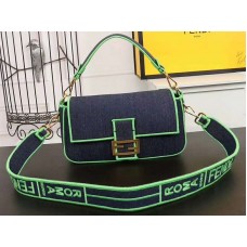 Geantă mare Fendi Baguette din denim, albastru-verde